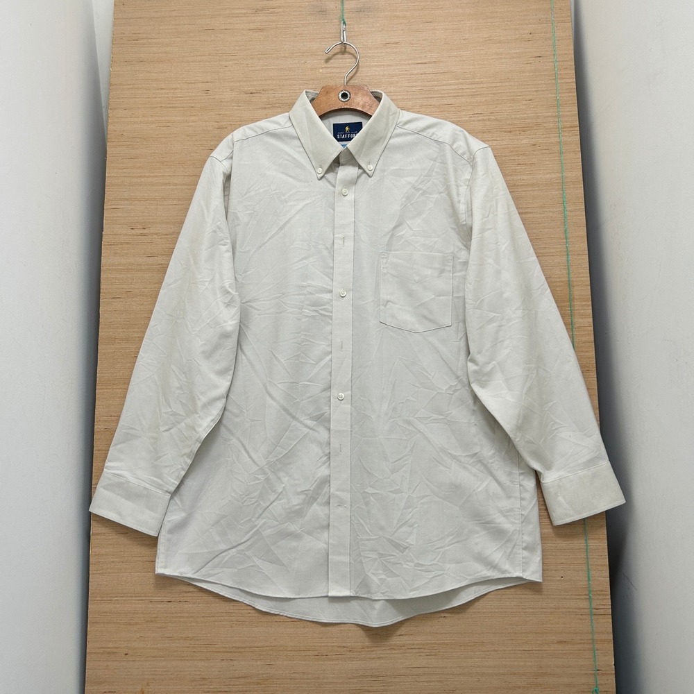 Stafford Mens Regular Fit Coolmax Button Down Shirt Off White 16-16.5 32-33 L